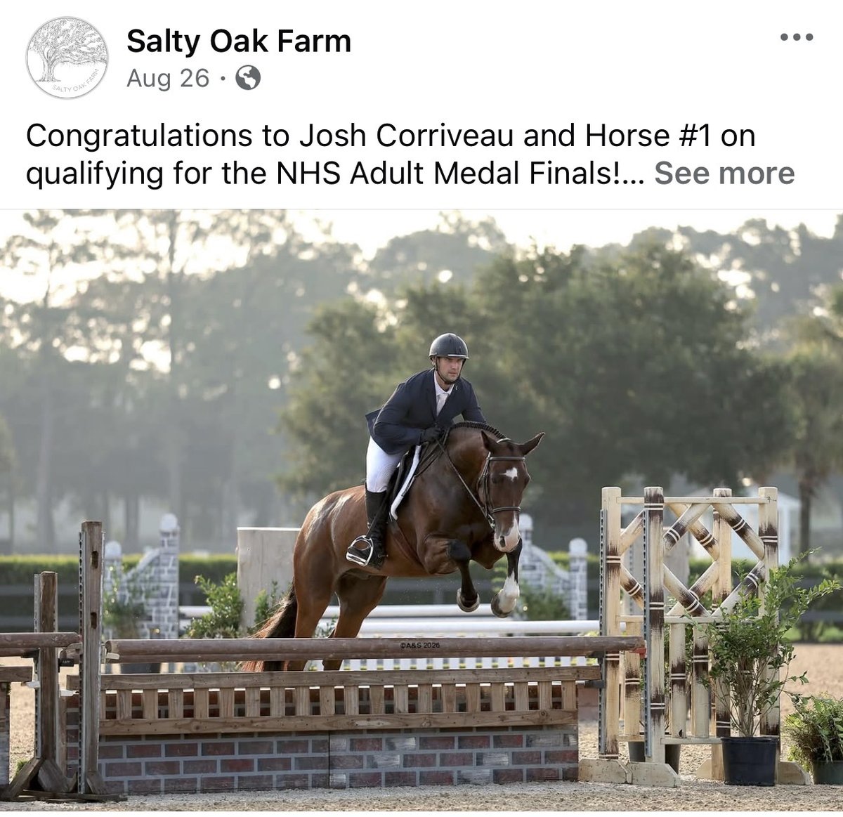 Salty Oak Farm Facebook post — Aug 26 — Josh Corriveau NHS Adult Medal Finals